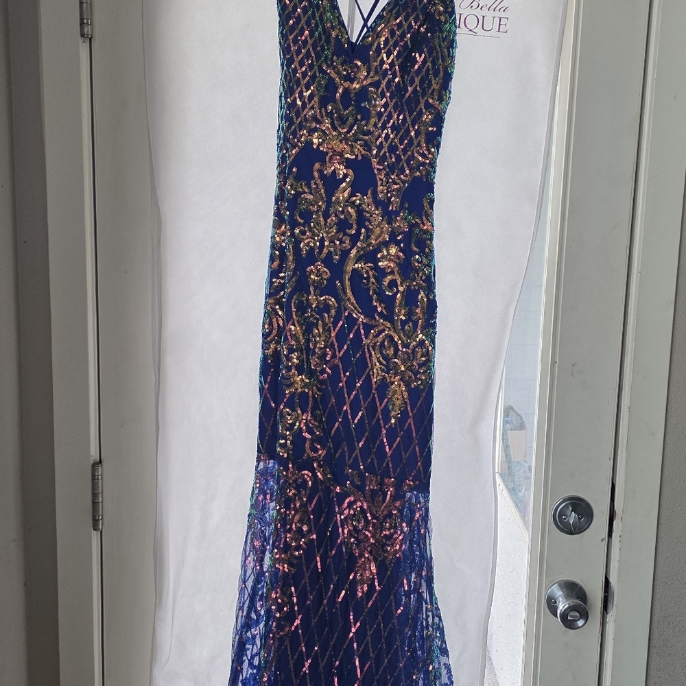 Elegant Blue and Gold Sequin Prom Dress